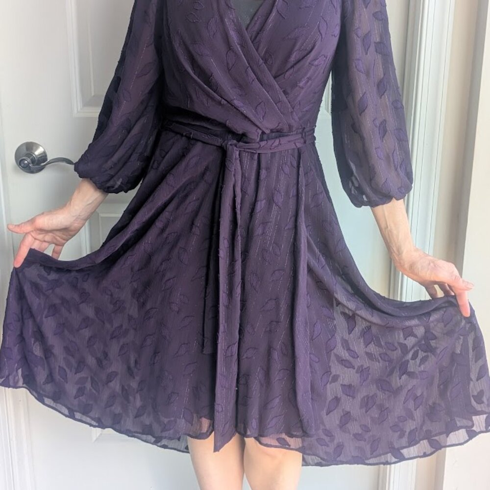 DKNY purple belted dress with sheer layers